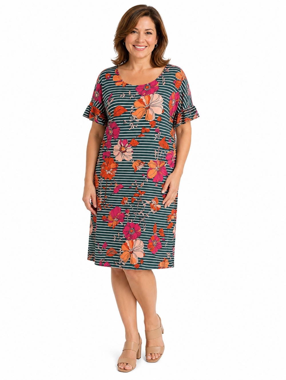Lands End Womens Floral Ruffle Sleeve Knee Length Stretch Cotton Dress sz 1X